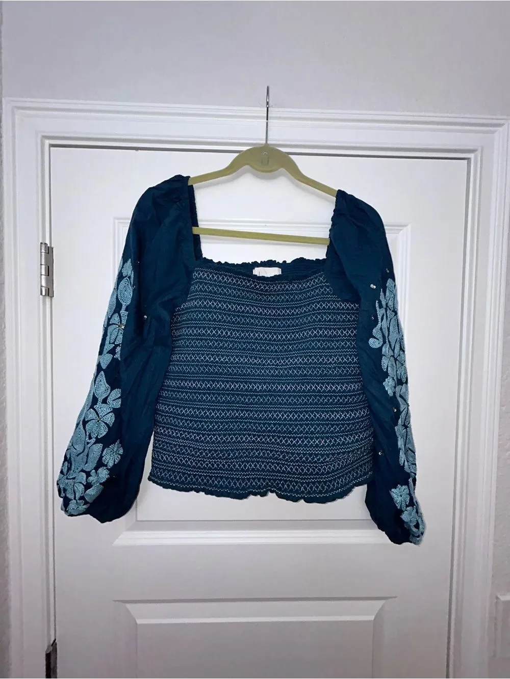 By Anthropologie Embroidered Embellished Statement Sleeve Smocked Shirt Top